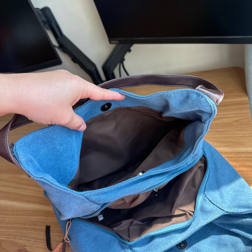 Blue Canvas Shoulder Bag with Brown Trim - Picture 7 of 10
